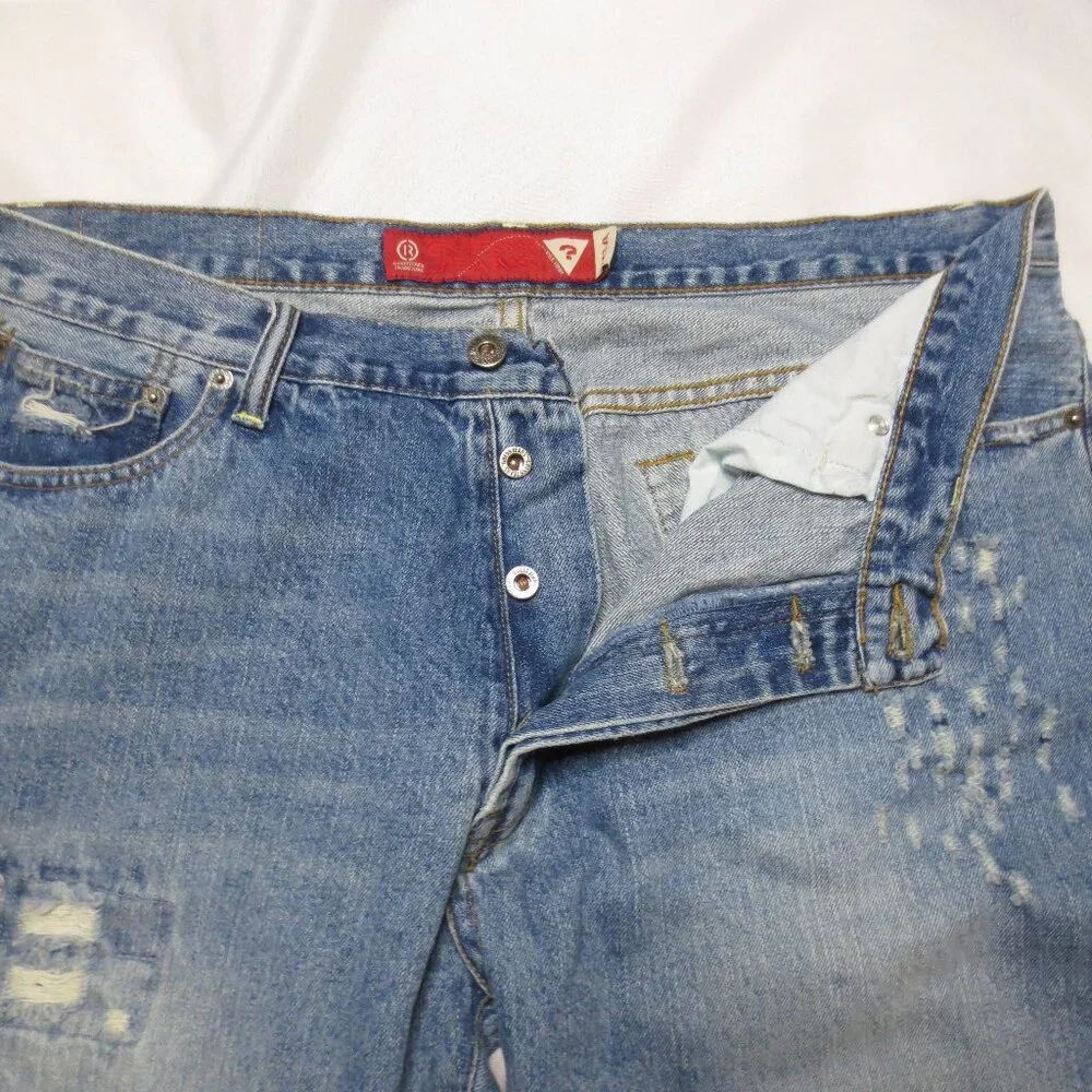 GUESS mens JEANS denim BLUE distressed BUTTON-FLY wide leg SIZE 38x30